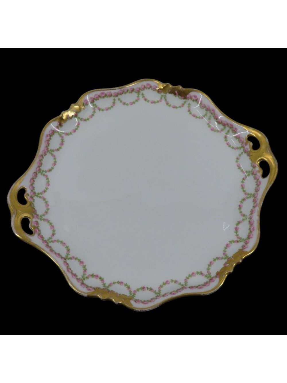 GOA Limoges Double Handle Plate 9.75in x 8.9in Pink Rose Floral Flower Swag Gold